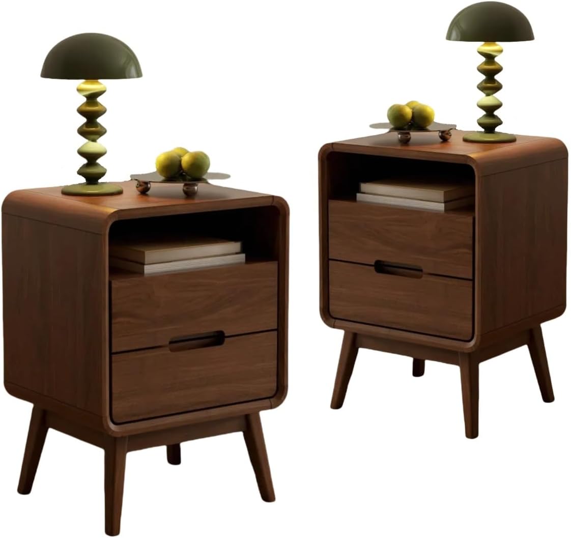 100% Solid Wood Nightstand, Walnut Night Stand with Drawer and Open Shelf, Mid Century Nightstand, Small Nightstands for Small Spaces, Wood Bedside Table for Bedroom, Living Room(20.47" H)