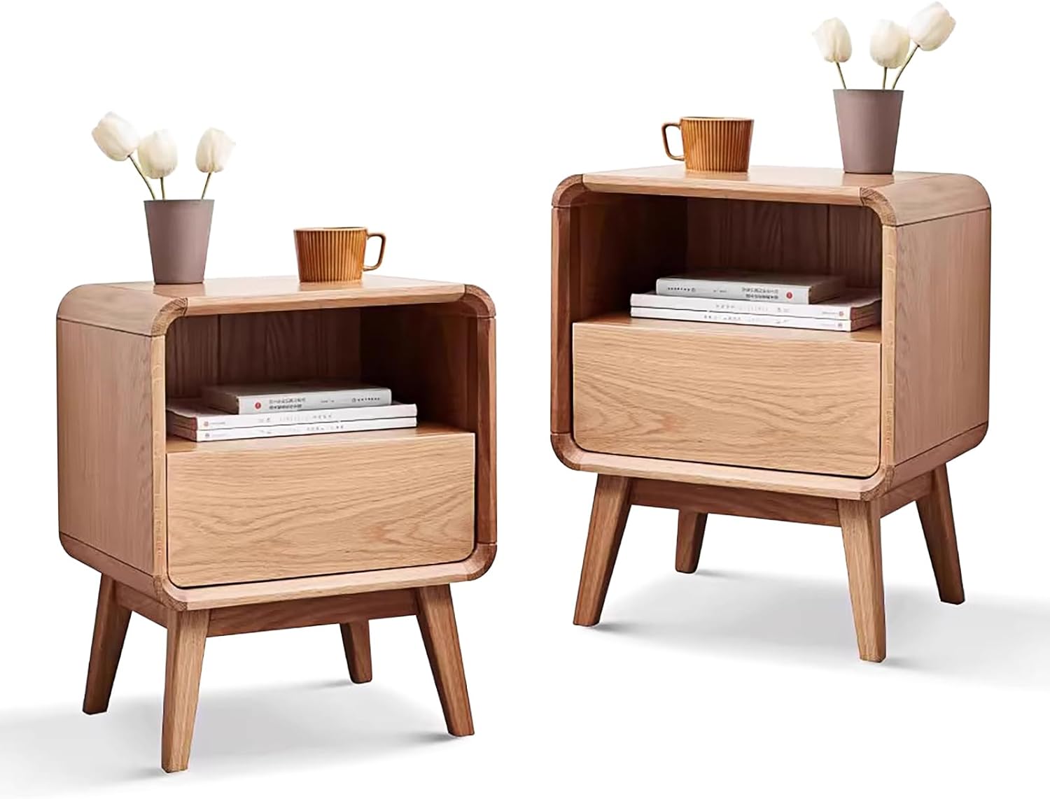 100% Solid Wood Nightstand, Walnut Night Stand with Drawer and Open Shelf, Mid Century Nightstand, Small Nightstands for Small Spaces, Wood Bedside Table for Bedroom, Living Room(20.47" H)