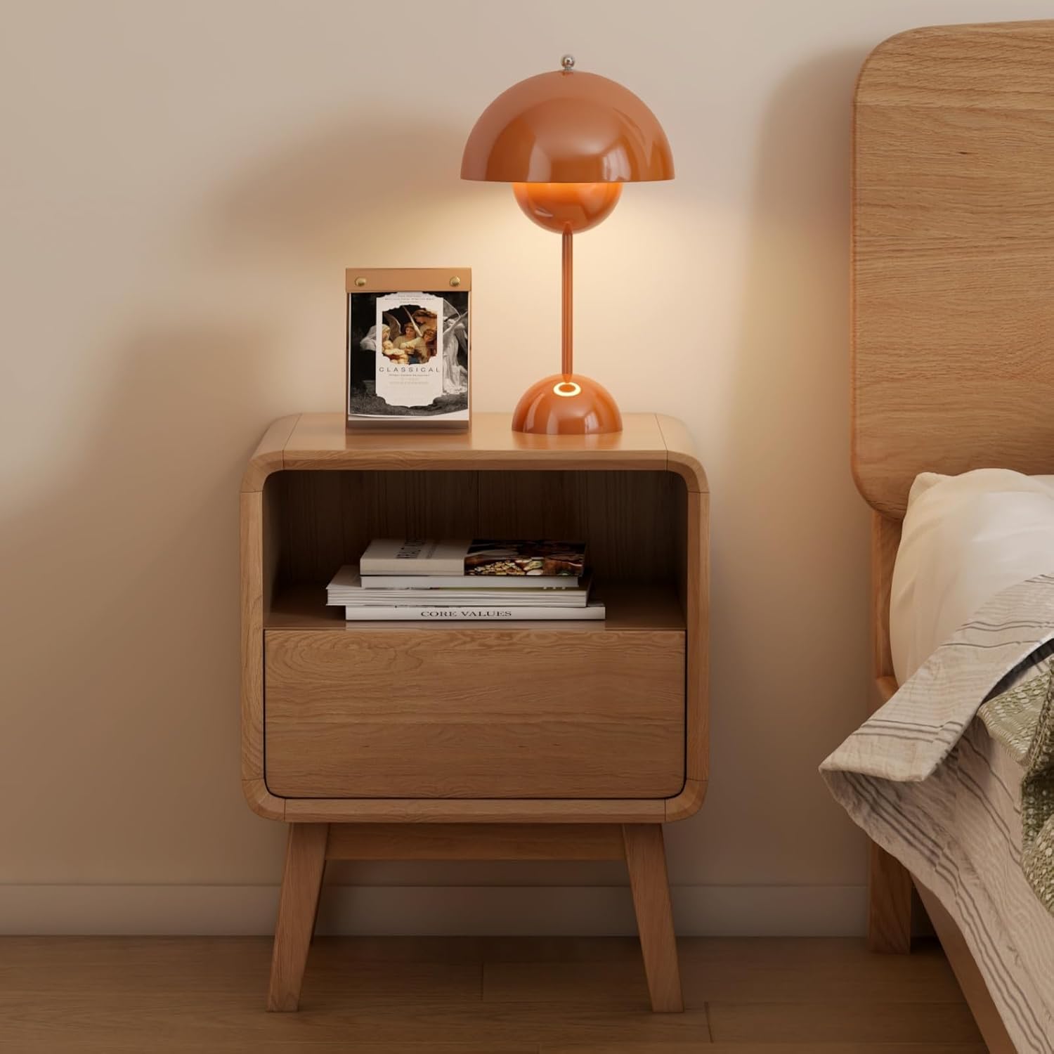 100% Solid Wood Nightstand, Walnut Night Stand with Drawer and Open Shelf, Mid Century Nightstand, Small Nightstands for Small Spaces, Wood Bedside Table for Bedroom, Living Room(20.47" H)