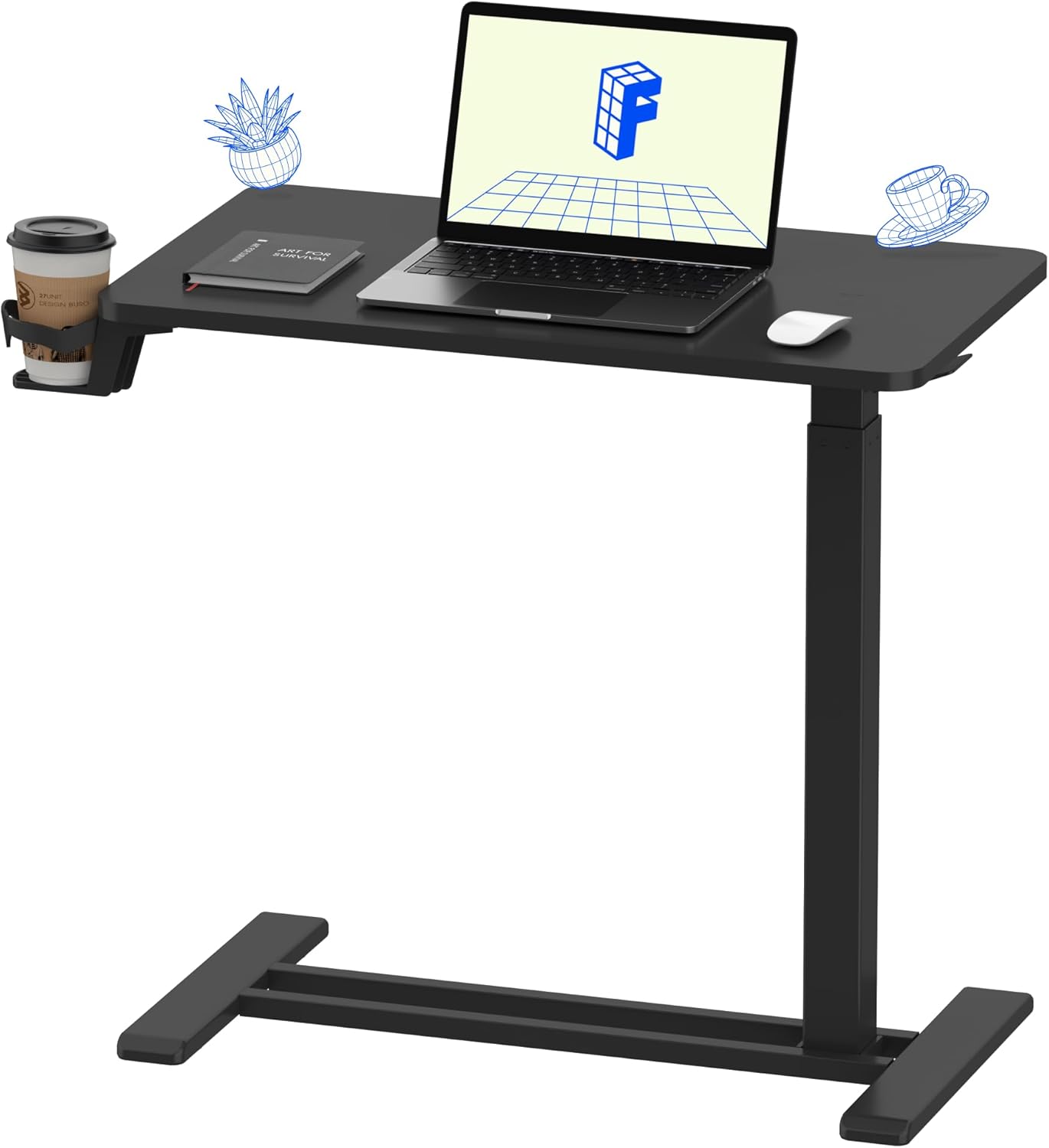 FLEXISPOT H7 Adjustable Overbed Bedside Table with Wheels Pneumatic Mobile Standing Desk Laptop Desk Rolling Computer Cart Movable Overbed Table Hospital Home Use(27.6" W x 15.7" D, White)