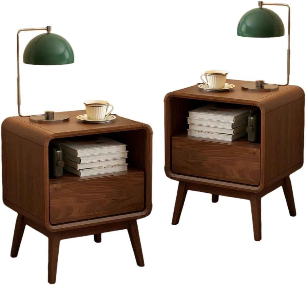 100% Solid Wood Nightstand, Walnut Night Stand with Drawer and Open Shelf, Mid Century Nightstand, Small Nightstands for Small Spaces, Wood Bedside Table for Bedroom, Living Room(20.47" H)