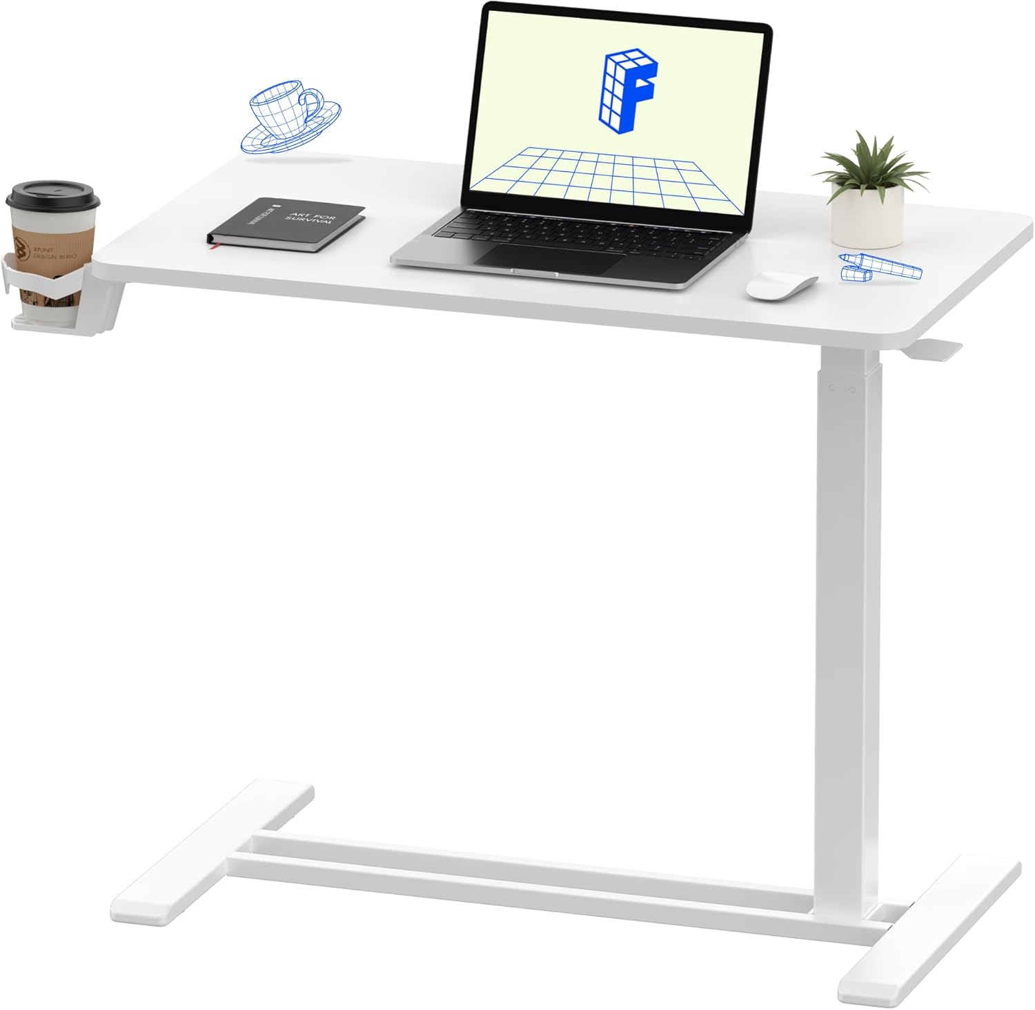 FLEXISPOT H7 Adjustable Overbed Bedside Table with Wheels Pneumatic Mobile Standing Desk Laptop Desk Rolling Computer Cart Movable Overbed Table Hospital Home Use(27.6" W x 15.7" D, White)