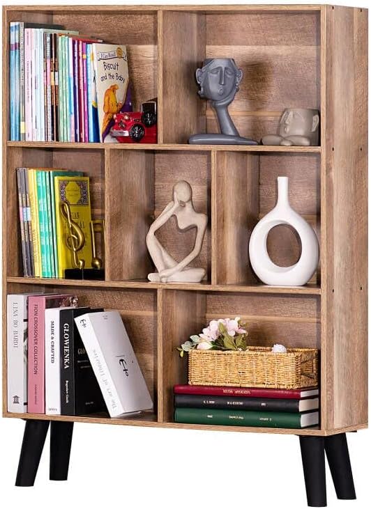 LEYAOYAO Cube Bookshelf 3 Tier Mid-Century Rustic Brown Modern Bookcase with Legs,Retro Wood Bookshelves Storage Organizer Shelf,Freestanding Open Book Shelves for Bedroom,Living Room,Office