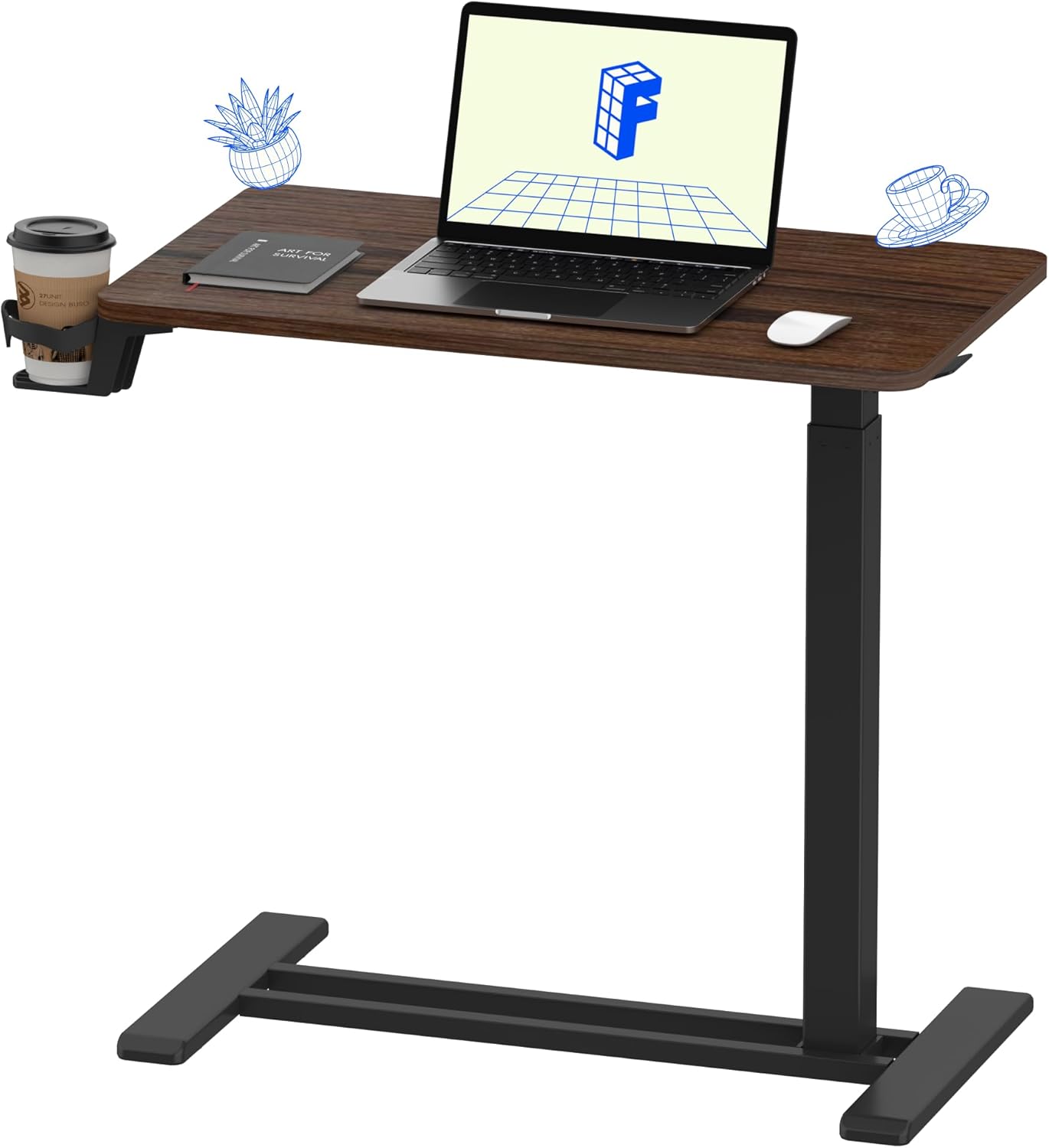 FLEXISPOT H7 Adjustable Overbed Bedside Table with Wheels Pneumatic Mobile Standing Desk Laptop Desk Rolling Computer Cart Movable Overbed Table Hospital Home Use(27.6" W x 15.7" D, White)