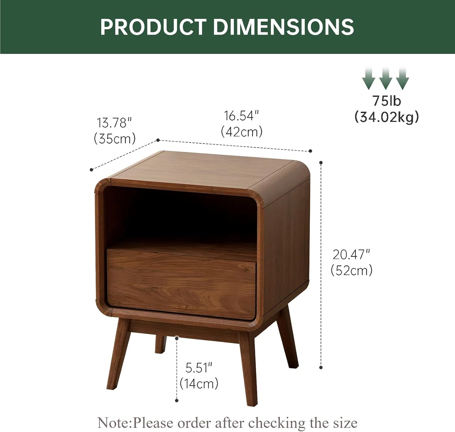 100% Solid Wood Nightstand, Walnut Night Stand with Drawer and Open Shelf, Mid Century Nightstand, Small Nightstands for Small Spaces, Wood Bedside Table for Bedroom, Living Room(20.47" H)