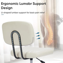 DUMOS Armless Home Office Desk Chair -Small Ergonomic with Low Back Lumbar Support, Height Adjustable PU Leather Computer Task with 360° Swivel Rolling Wheels, for Small Space, Beige White