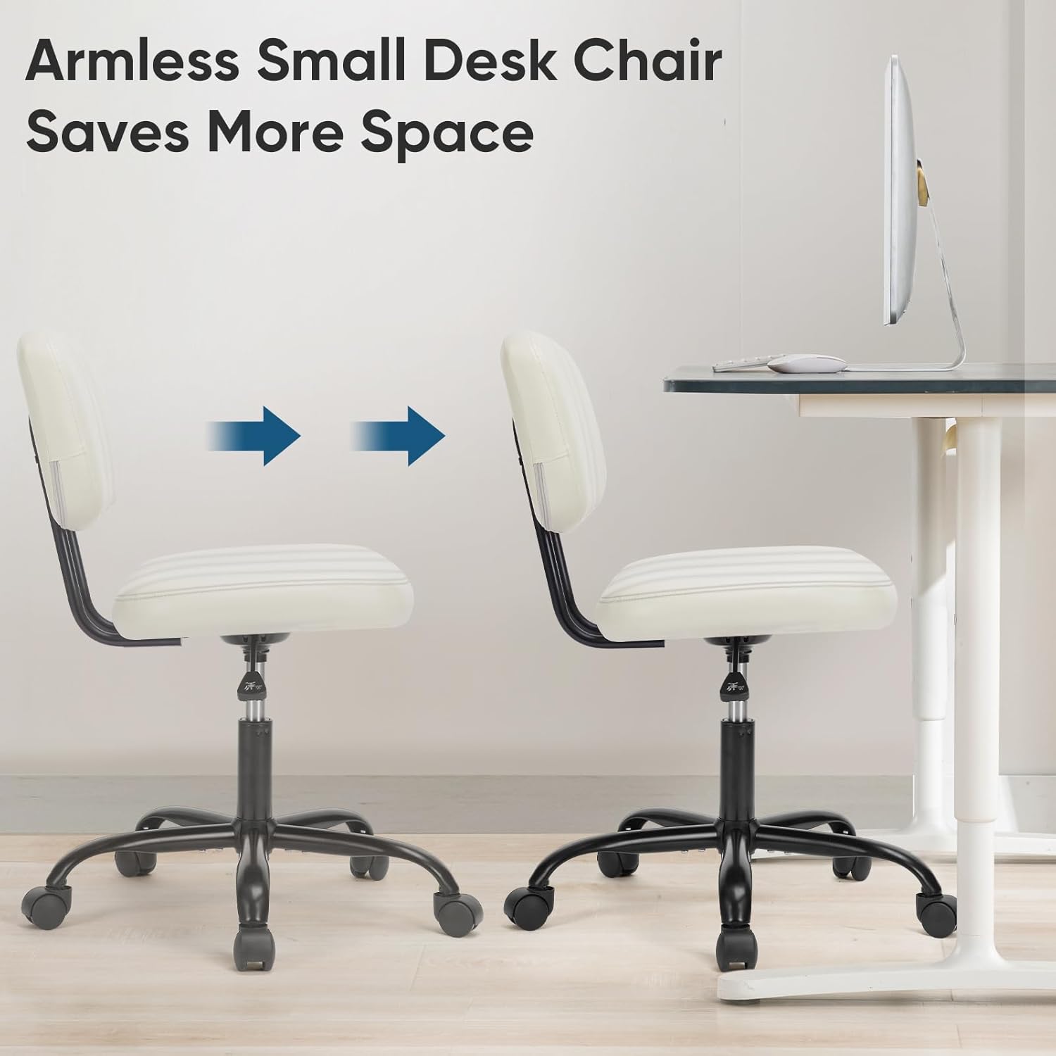DUMOS Armless Home Office Desk Chair -Small Ergonomic with Low Back Lumbar Support, Height Adjustable PU Leather Computer Task with 360° Swivel Rolling Wheels, for Small Space, Beige White