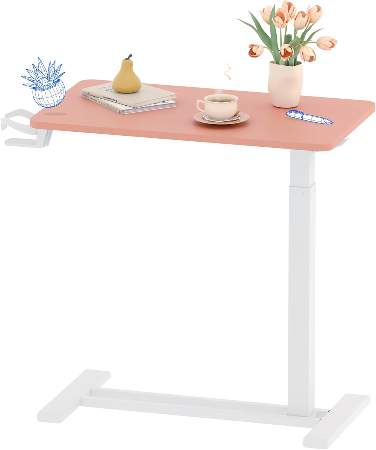 FLEXISPOT H7 Adjustable Overbed Bedside Table with Wheels Pneumatic Mobile Standing Desk Laptop Desk Rolling Computer Cart Movable Overbed Table Hospital Home Use(27.6" W x 15.7" D, White)