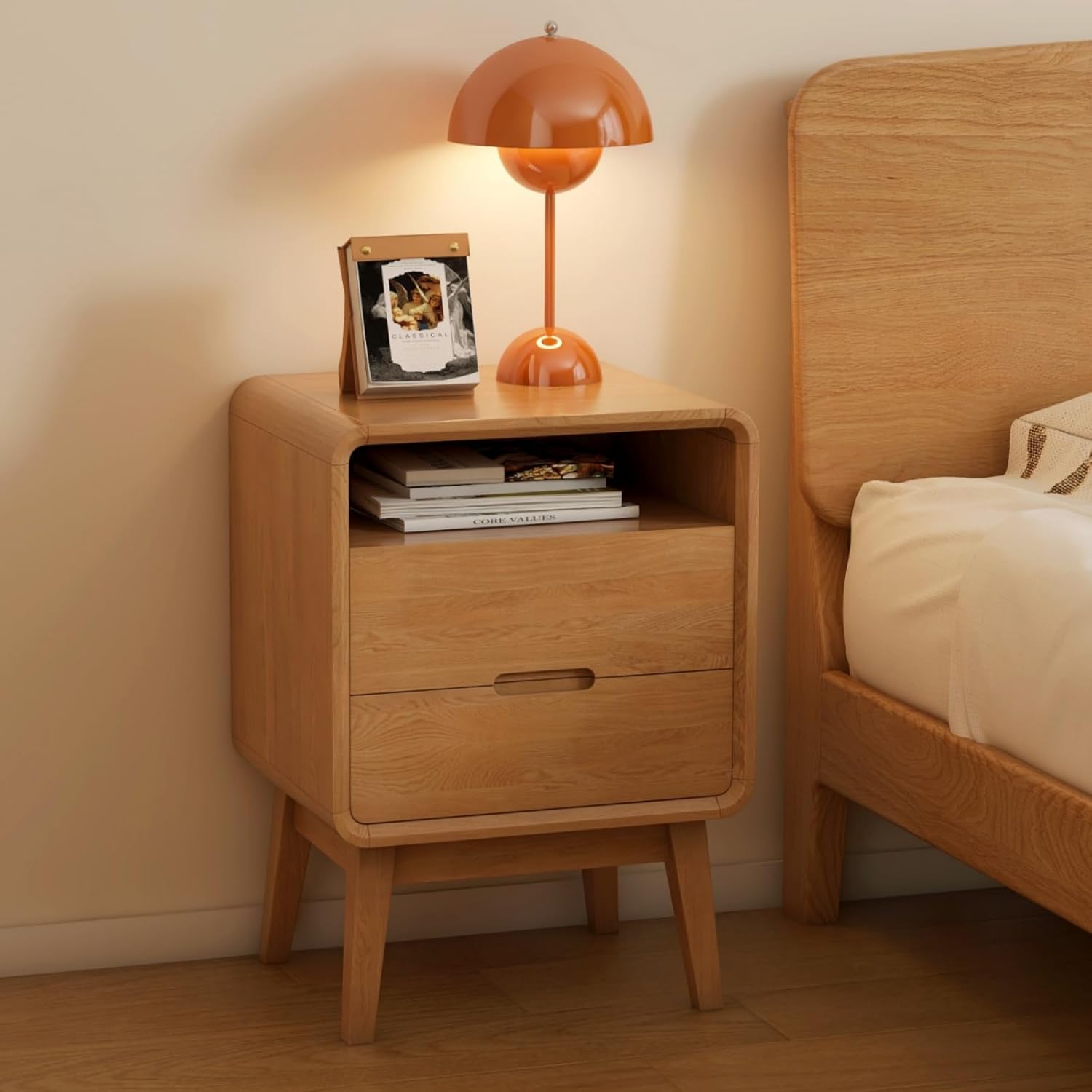 100% Solid Wood Nightstand, Walnut Night Stand with Drawer and Open Shelf, Mid Century Nightstand, Small Nightstands for Small Spaces, Wood Bedside Table for Bedroom, Living Room(20.47" H)