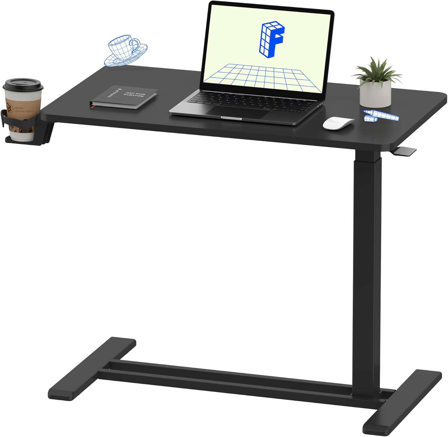 FLEXISPOT H7 Adjustable Overbed Bedside Table with Wheels Pneumatic Mobile Standing Desk Laptop Desk Rolling Computer Cart Movable Overbed Table Hospital Home Use(27.6" W x 15.7" D, White)