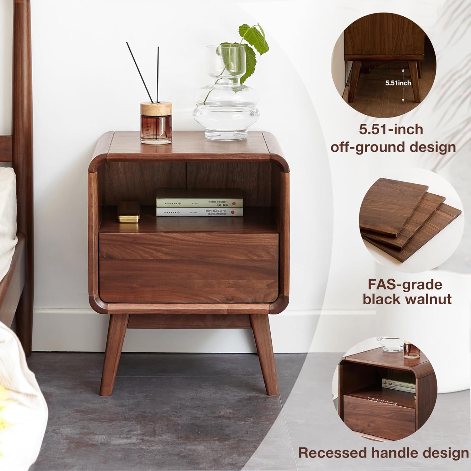 100% Solid Wood Nightstand, Walnut Night Stand with Drawer and Open Shelf, Mid Century Nightstand, Small Nightstands for Small Spaces, Wood Bedside Table for Bedroom, Living Room(20.47" H)