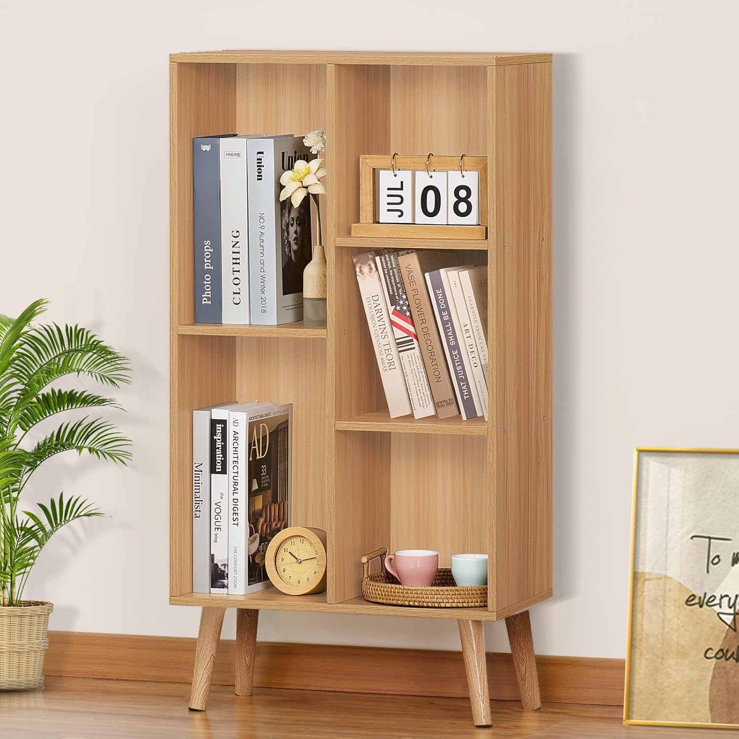 LEYAOYAO Cube Bookshelf 3 Tier Mid-Century Rustic Brown Modern Bookcase with Legs,Retro Wood Bookshelves Storage Organizer Shelf,Freestanding Open Book Shelves for Bedroom,Living Room,Office