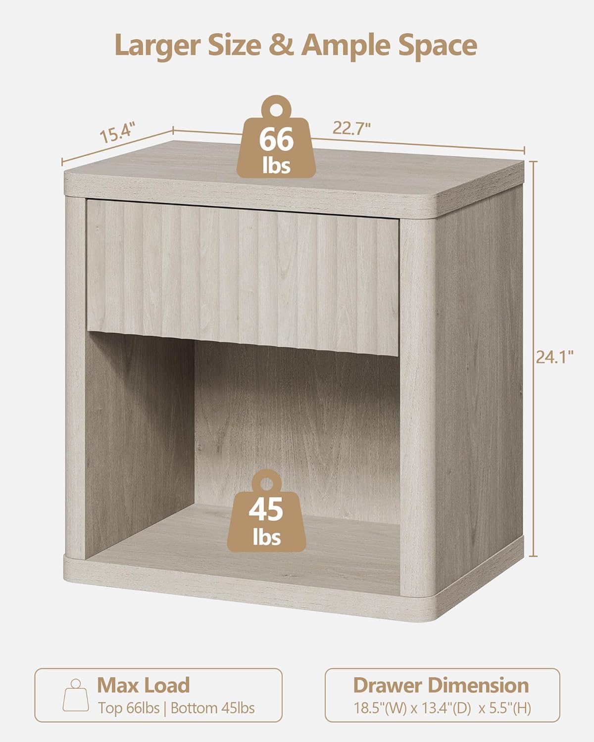 SICOTAS Night Stand Nightstand with Drawer Storage Fluted Bed Side Table End Table Large Modern Wide Bedside Stand Mid Century Night Stands for Bedroom Living Room Sofa Couch Home Office, White Alder