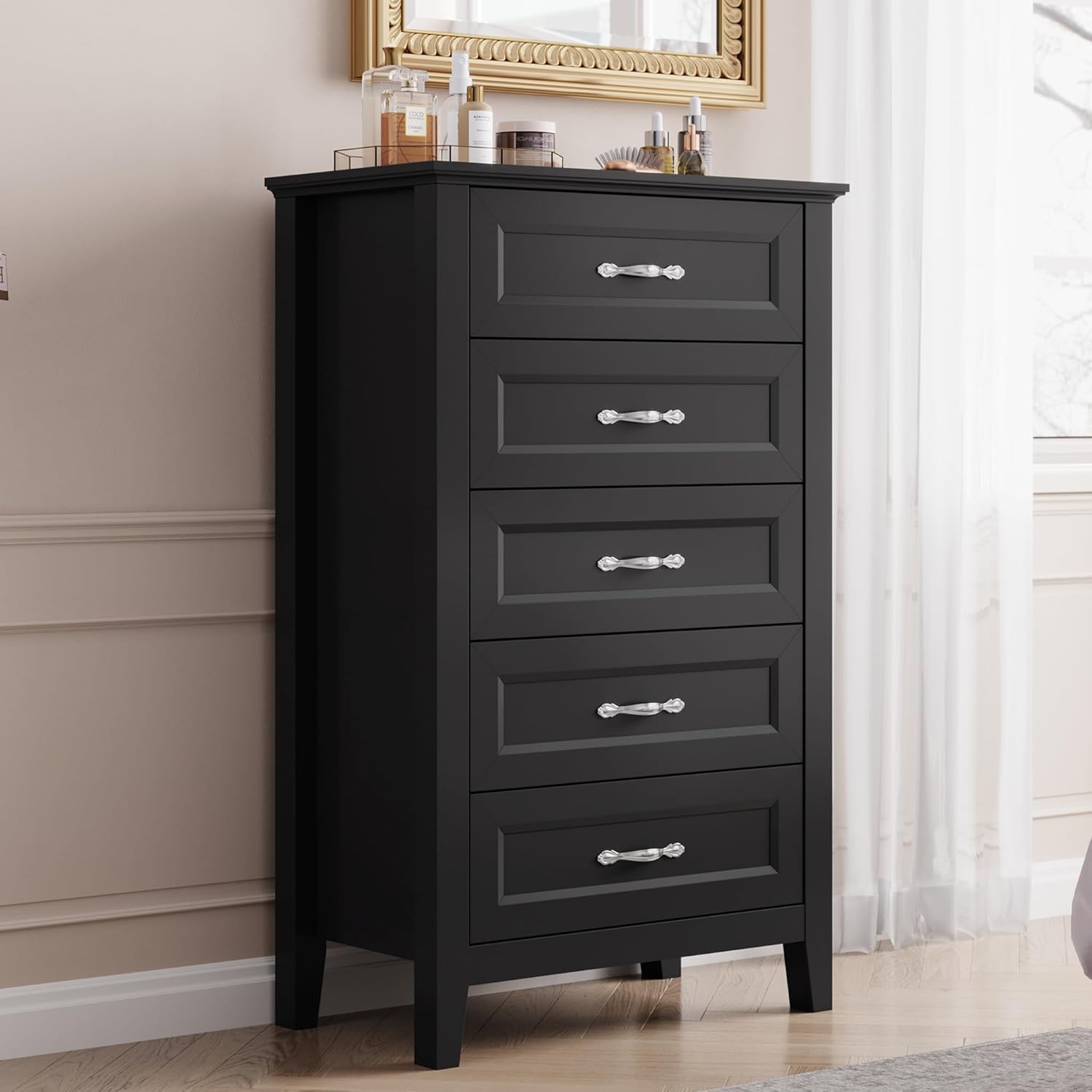 LINSY HOME 5 Drawers Dresser for Bedroom, Wood Tall Bedroom Chest of Drawers with Metal Handle, Farmhouse Dressers Organizer for Living Room, Closet, Hallway, White Oak