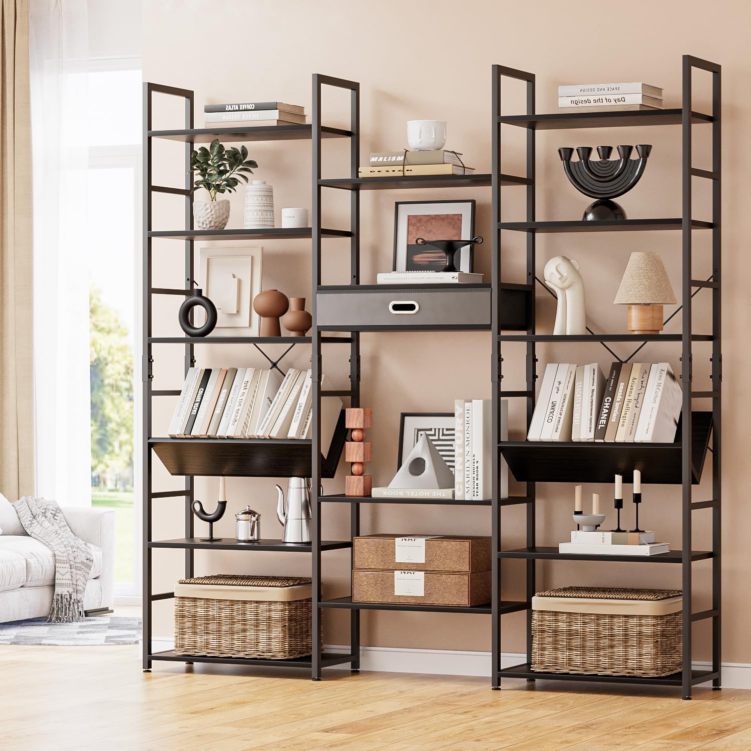 NUMENN Triple Column 5 Tier Bookshelf, Bookcase with 14 Open Display Shelves, Adjustable Rustic Industrial Style Book Shelves, Modern Bookshelves for Bedroom, Living Room and Home Office, Vintage