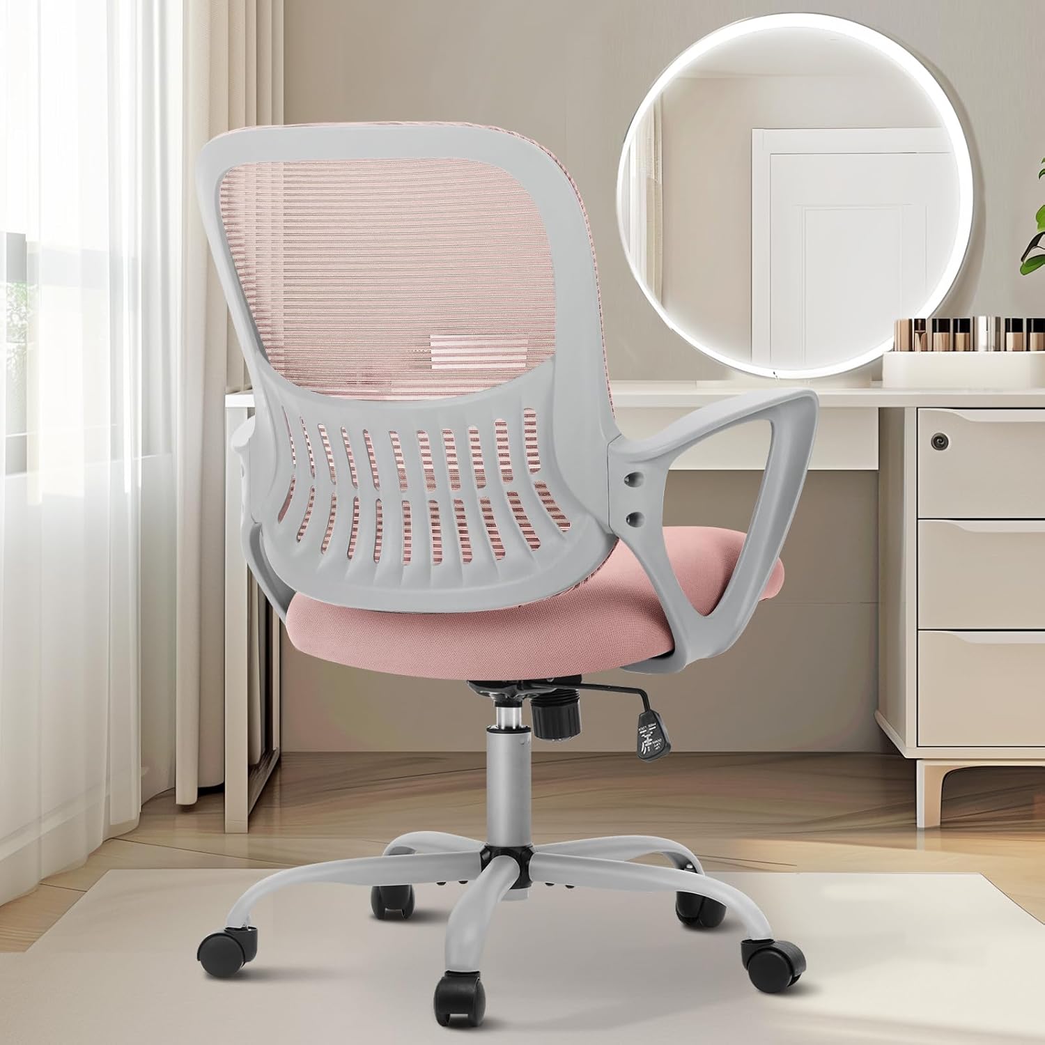 Sweetcrispy Office Computer Desk Managerial Executive Chair, Ergonomic Mid-Back Mesh Rolling Work Swivel Chairs with Wheels, Comfortable Lumbar Support, Comfy Arms for Home,Bedroom,Study,Student,Black