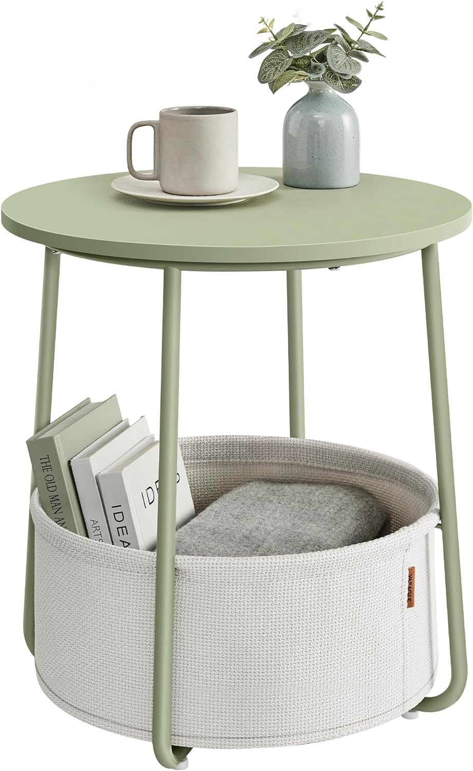 VASAGLE Small Round Side End Table, Modern Nightstand with Fabric Basket, Matte White and Camel Brown ULET223W10