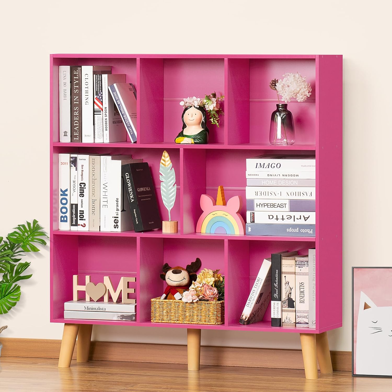 LEYAOYAO Cube Bookshelf 3 Tier Mid-Century Rustic Brown Modern Bookcase with Legs,Retro Wood Bookshelves Storage Organizer Shelf,Freestanding Open Book Shelves for Bedroom,Living Room,Office