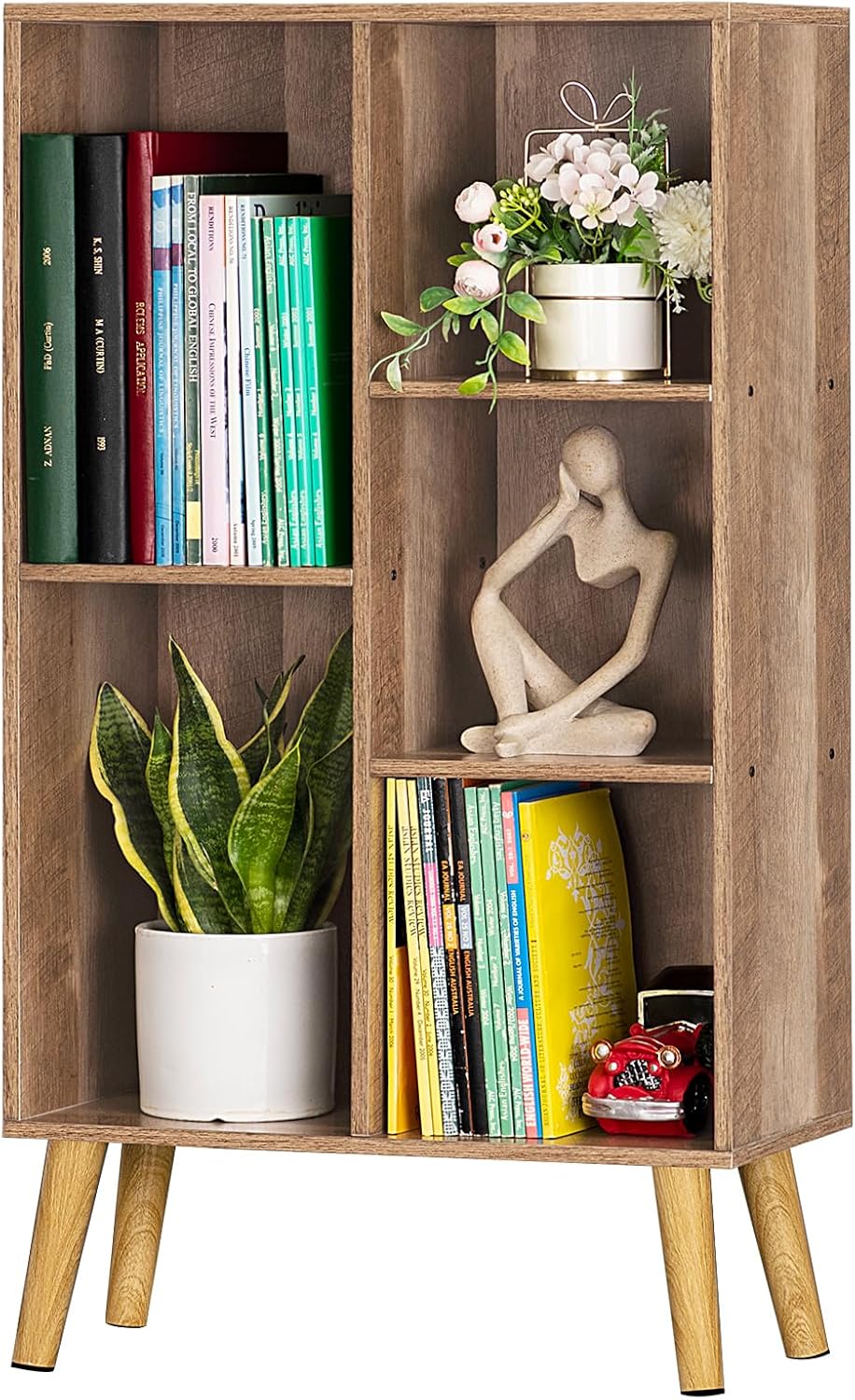 LEYAOYAO Cube Bookshelf 3 Tier Mid-Century Rustic Brown Modern Bookcase with Legs,Retro Wood Bookshelves Storage Organizer Shelf,Freestanding Open Book Shelves for Bedroom,Living Room,Office