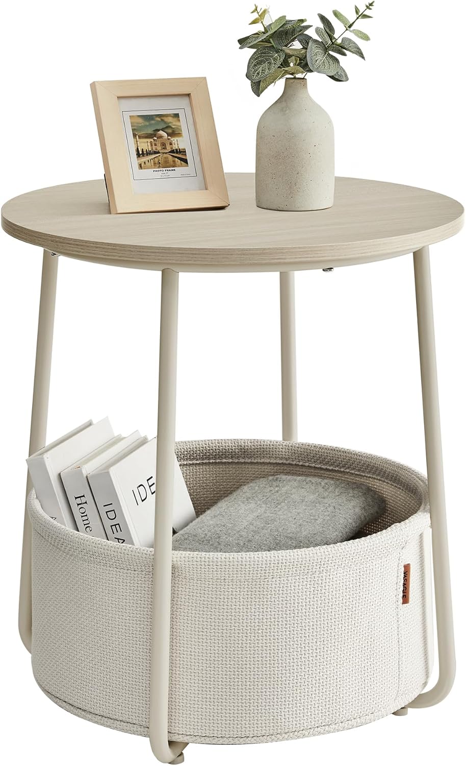 VASAGLE Small Round Side End Table, Modern Nightstand with Fabric Basket, Matte White and Camel Brown ULET223W10