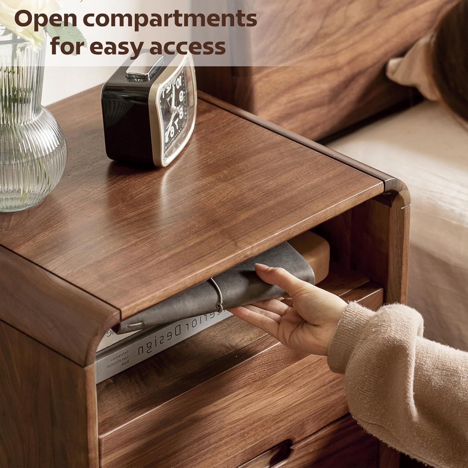 100% Solid Wood Nightstand, Walnut Night Stand with Drawer and Open Shelf, Mid Century Nightstand, Small Nightstands for Small Spaces, Wood Bedside Table for Bedroom, Living Room(20.47" H)