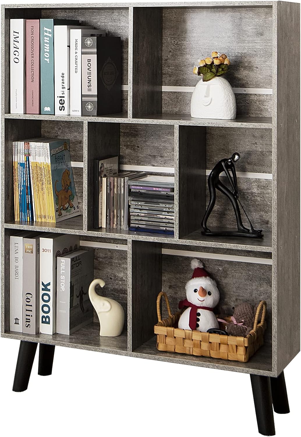 LEYAOYAO Cube Bookshelf 3 Tier Mid-Century Rustic Brown Modern Bookcase with Legs,Retro Wood Bookshelves Storage Organizer Shelf,Freestanding Open Book Shelves for Bedroom,Living Room,Office