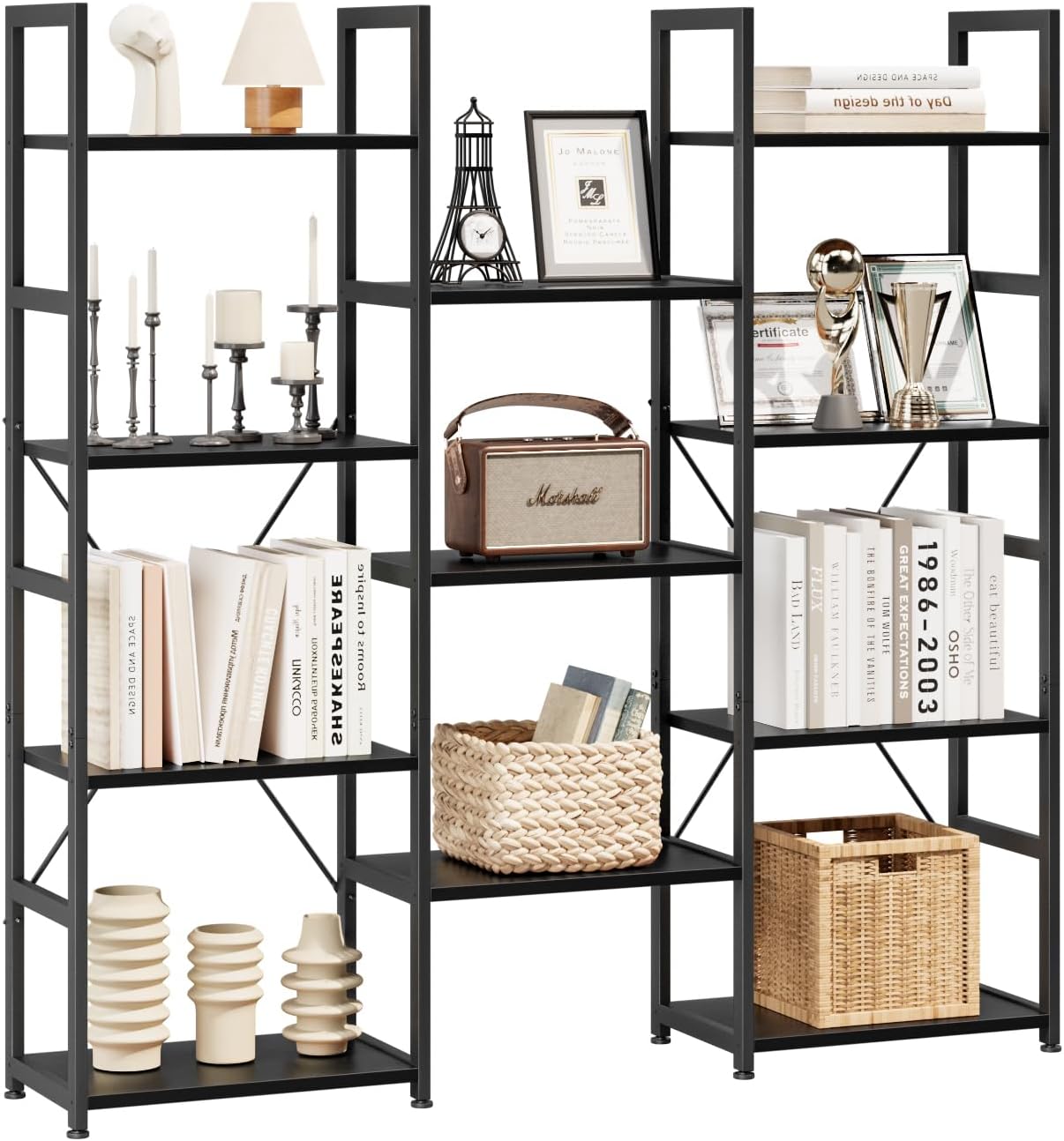 NUMENN Triple Column 5 Tier Bookshelf, Bookcase with 14 Open Display Shelves, Adjustable Rustic Industrial Style Book Shelves, Modern Bookshelves for Bedroom, Living Room and Home Office, Vintage