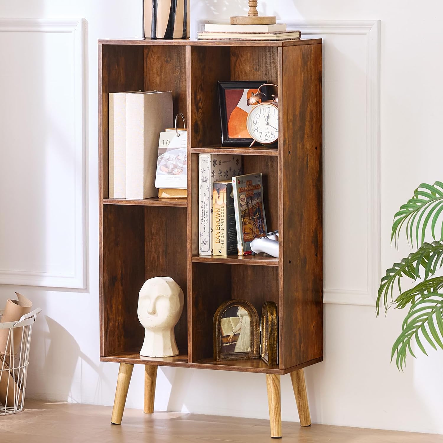 LEYAOYAO Cube Bookshelf 3 Tier Mid-Century Rustic Brown Modern Bookcase with Legs,Retro Wood Bookshelves Storage Organizer Shelf,Freestanding Open Book Shelves for Bedroom,Living Room,Office