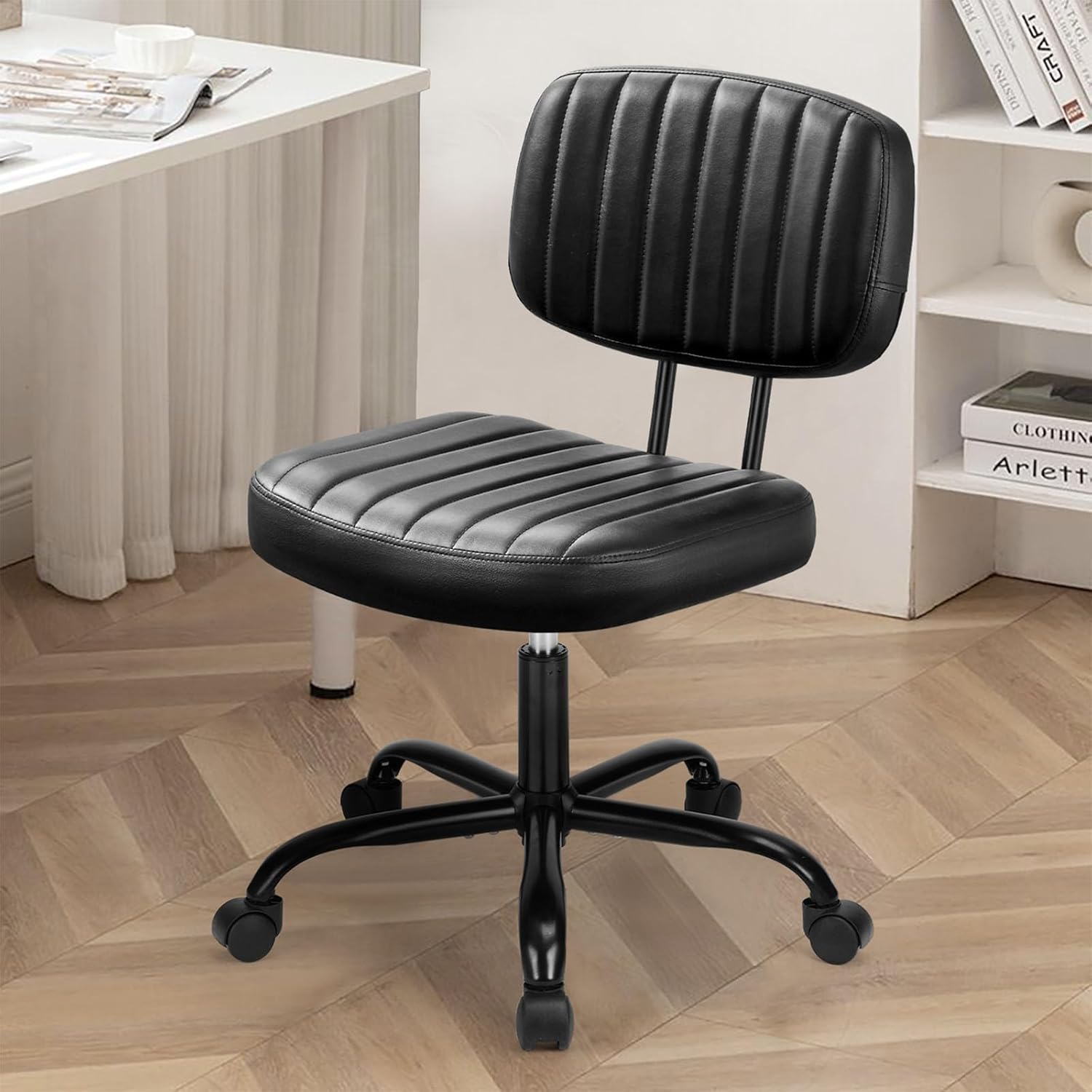 DUMOS Armless Home Office Desk Chair -Small Ergonomic with Low Back Lumbar Support, Height Adjustable PU Leather Computer Task with 360° Swivel Rolling Wheels, for Small Space, Beige White