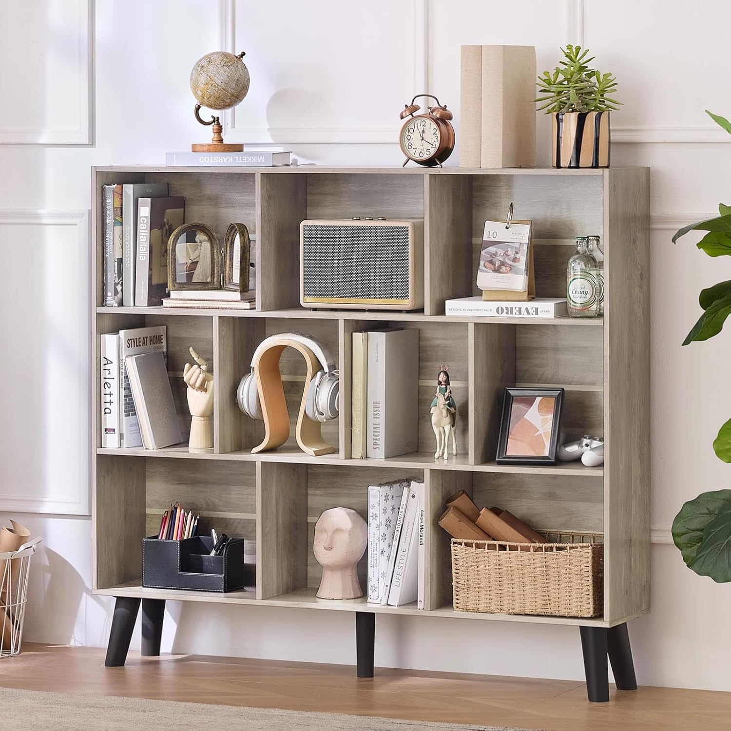 LEYAOYAO Cube Bookshelf 3 Tier Mid-Century Rustic Brown Modern Bookcase with Legs,Retro Wood Bookshelves Storage Organizer Shelf,Freestanding Open Book Shelves for Bedroom,Living Room,Office