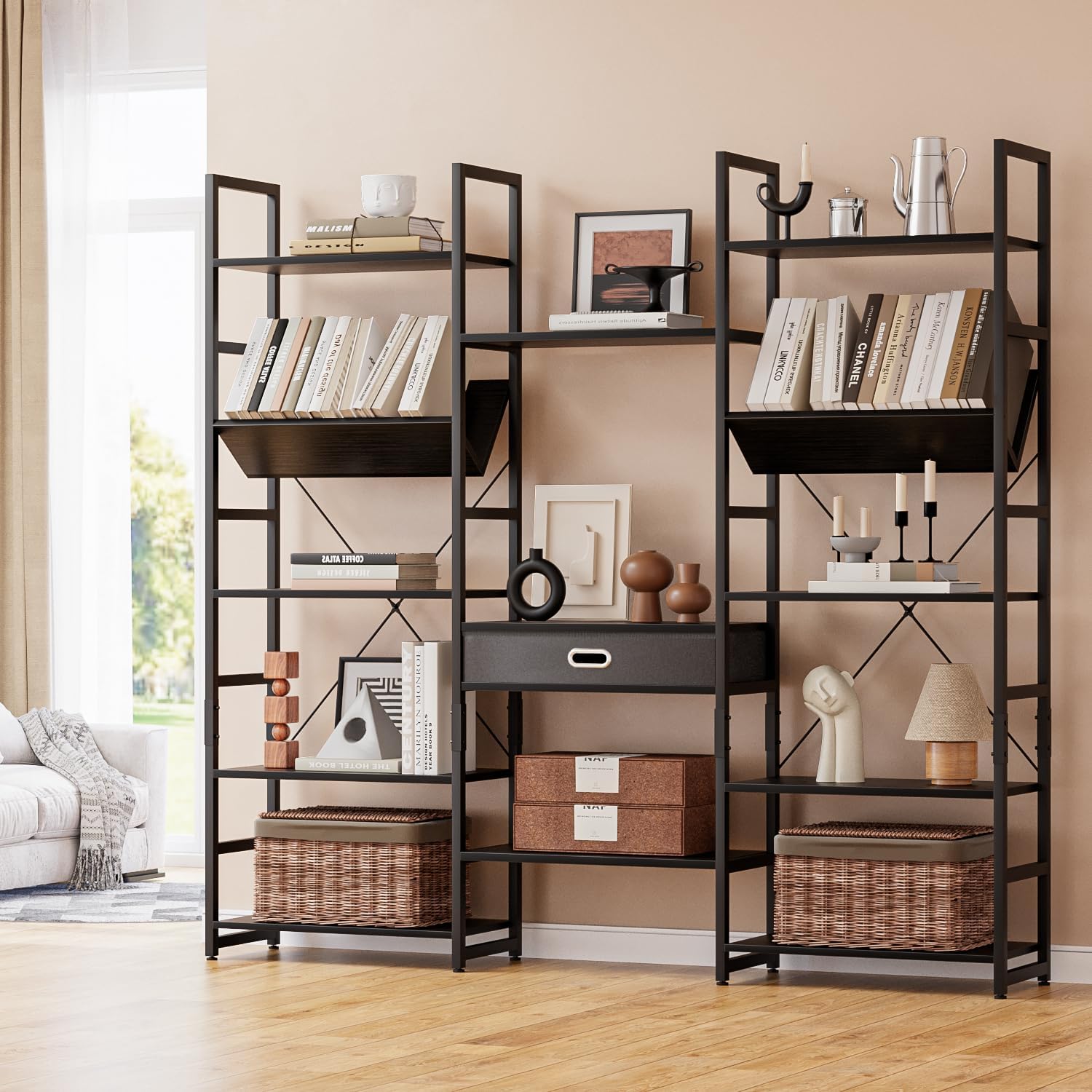 NUMENN Triple Column 5 Tier Bookshelf, Bookcase with 14 Open Display Shelves, Adjustable Rustic Industrial Style Book Shelves, Modern Bookshelves for Bedroom, Living Room and Home Office, Vintage