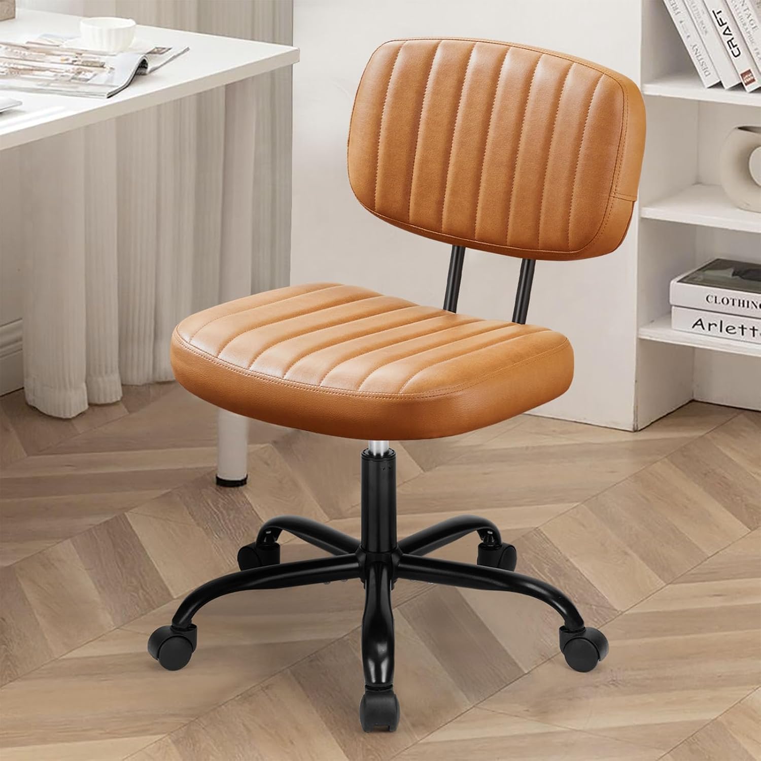 DUMOS Armless Home Office Desk Chair -Small Ergonomic with Low Back Lumbar Support, Height Adjustable PU Leather Computer Task with 360° Swivel Rolling Wheels, for Small Space, Beige White