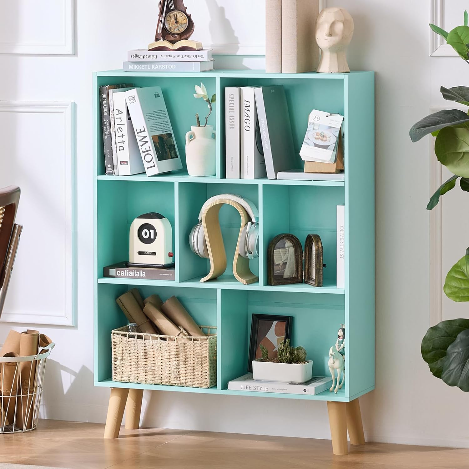 LEYAOYAO Cube Bookshelf 3 Tier Mid-Century Rustic Brown Modern Bookcase with Legs,Retro Wood Bookshelves Storage Organizer Shelf,Freestanding Open Book Shelves for Bedroom,Living Room,Office