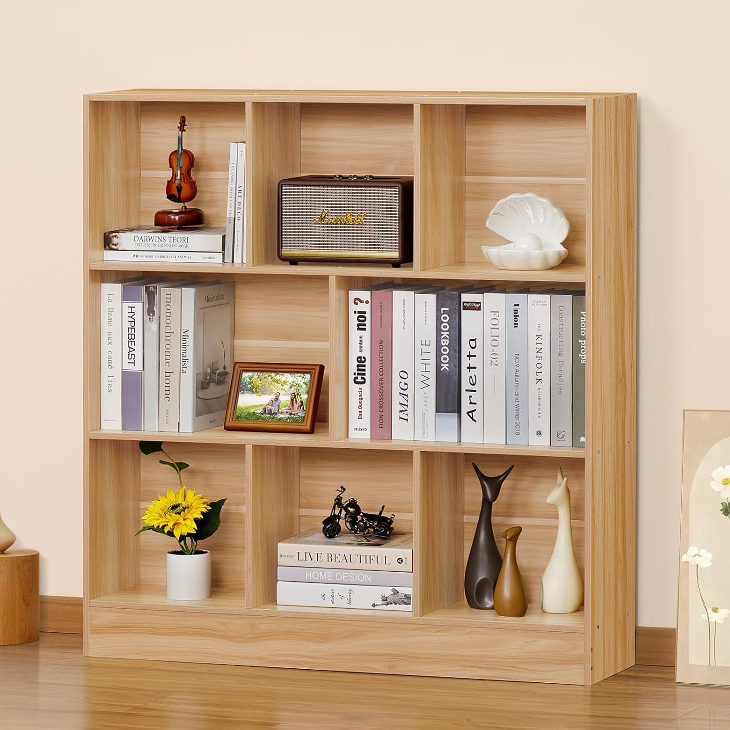 LEYAOYAO Cube Bookshelf 3 Tier Mid-Century Rustic Brown Modern Bookcase with Legs,Retro Wood Bookshelves Storage Organizer Shelf,Freestanding Open Book Shelves for Bedroom,Living Room,Office