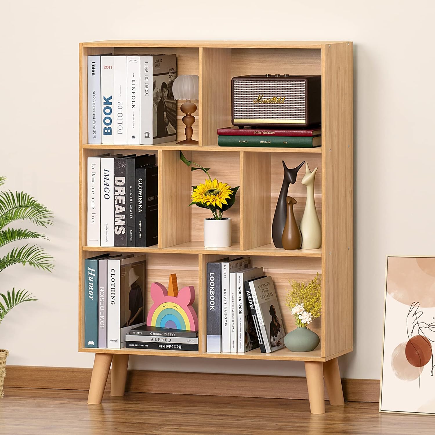 LEYAOYAO Cube Bookshelf 3 Tier Mid-Century Rustic Brown Modern Bookcase with Legs,Retro Wood Bookshelves Storage Organizer Shelf,Freestanding Open Book Shelves for Bedroom,Living Room,Office