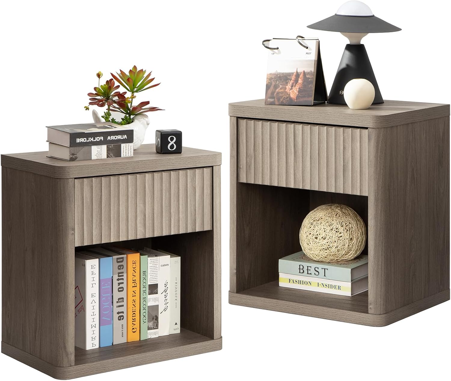 SICOTAS Night Stand Nightstand with Drawer Storage Fluted Bed Side Table End Table Large Modern Wide Bedside Stand Mid Century Night Stands for Bedroom Living Room Sofa Couch Home Office, White Alder