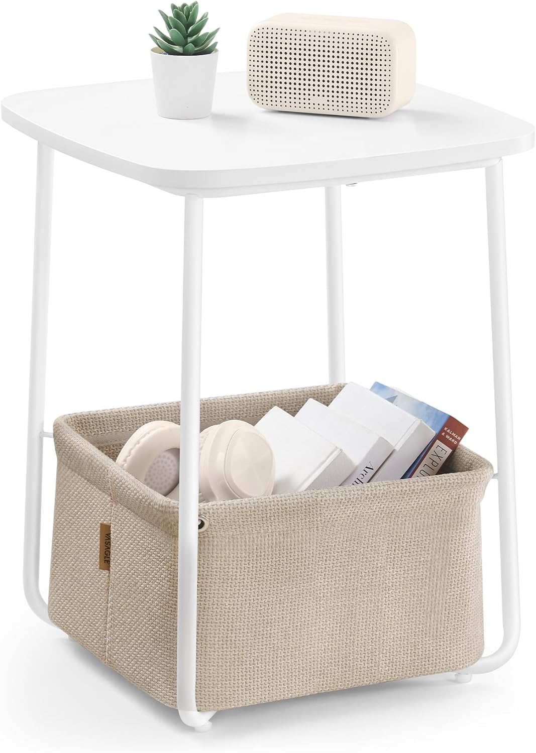 VASAGLE Small Round Side End Table, Modern Nightstand with Fabric Basket, Matte White and Camel Brown ULET223W10