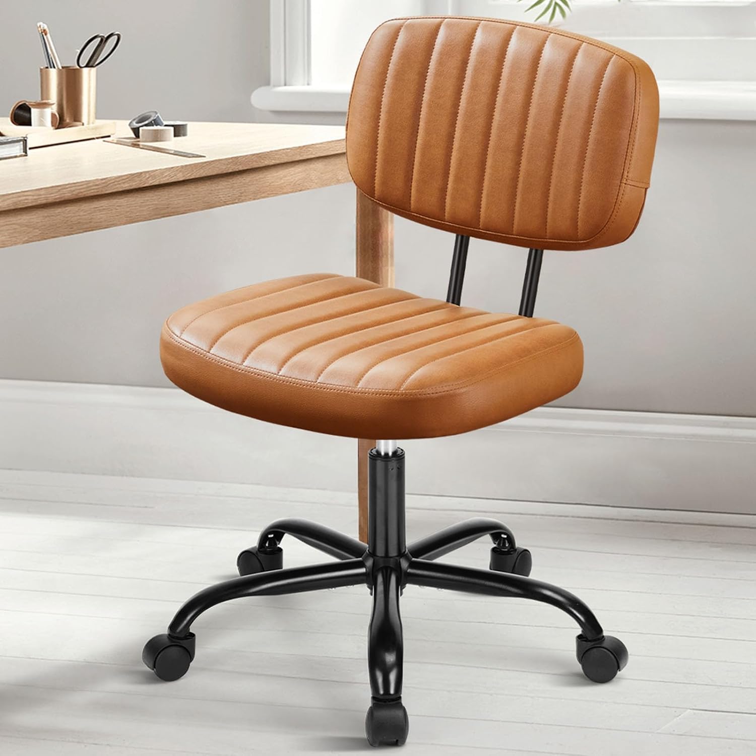 DUMOS Armless Home Office Desk Chair -Small Ergonomic with Low Back Lumbar Support, Height Adjustable PU Leather Computer Task with 360° Swivel Rolling Wheels, for Small Space, Beige White