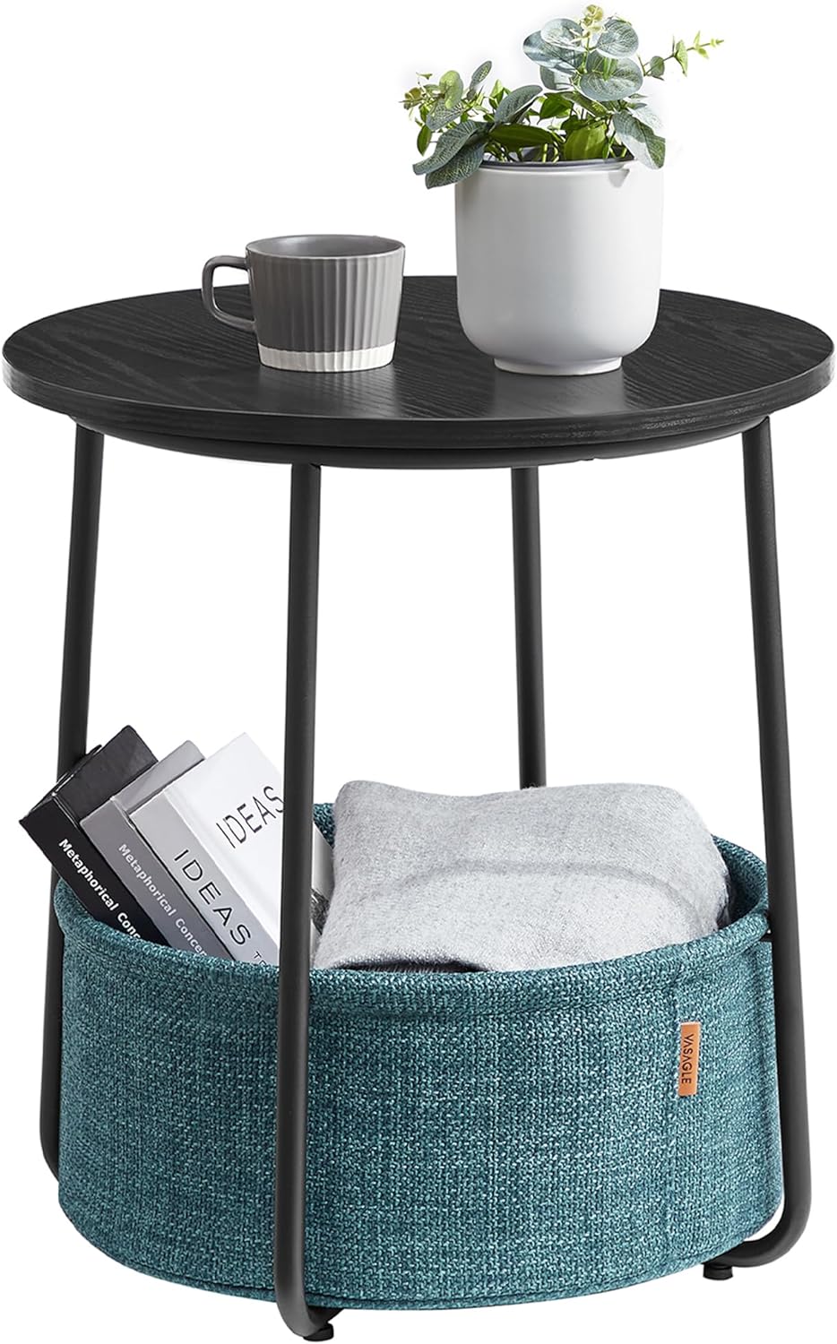 VASAGLE Small Round Side End Table, Modern Nightstand with Fabric Basket, Matte White and Camel Brown ULET223W10