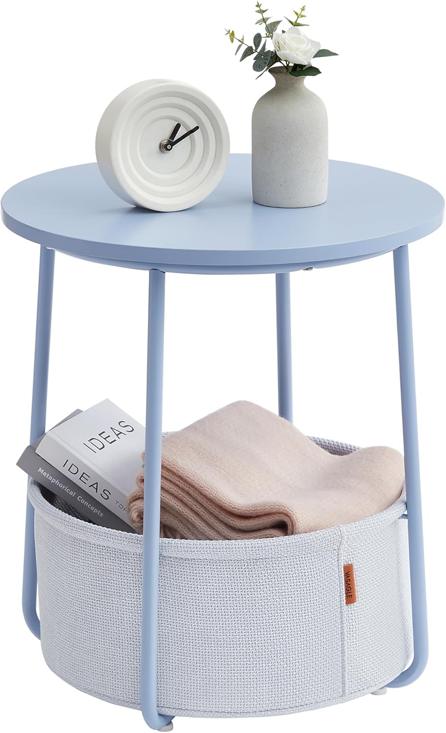 VASAGLE Small Round Side End Table, Modern Nightstand with Fabric Basket, Matte White and Camel Brown ULET223W10