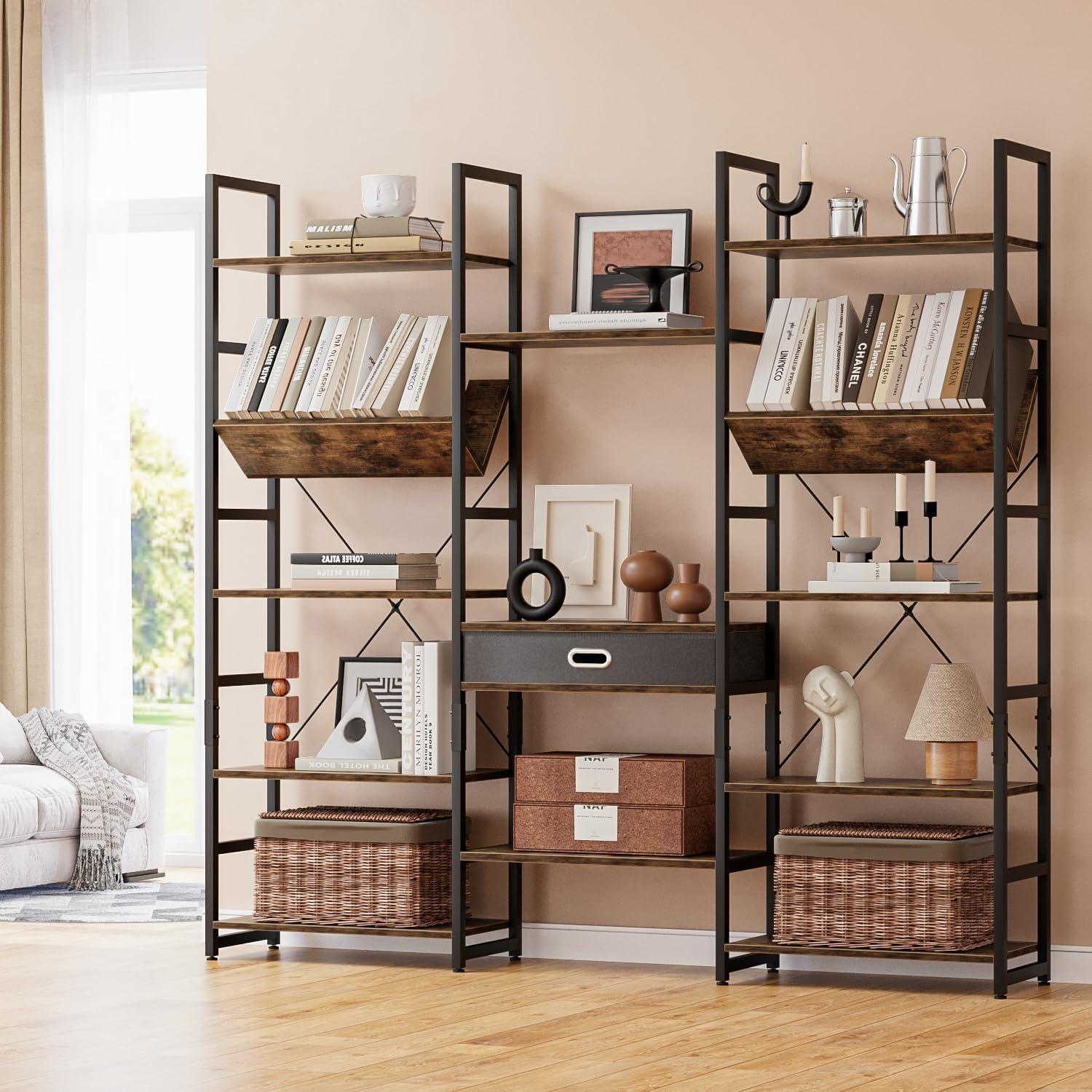 NUMENN Triple Column 5 Tier Bookshelf, Bookcase with 14 Open Display Shelves, Adjustable Rustic Industrial Style Book Shelves, Modern Bookshelves for Bedroom, Living Room and Home Office, Vintage