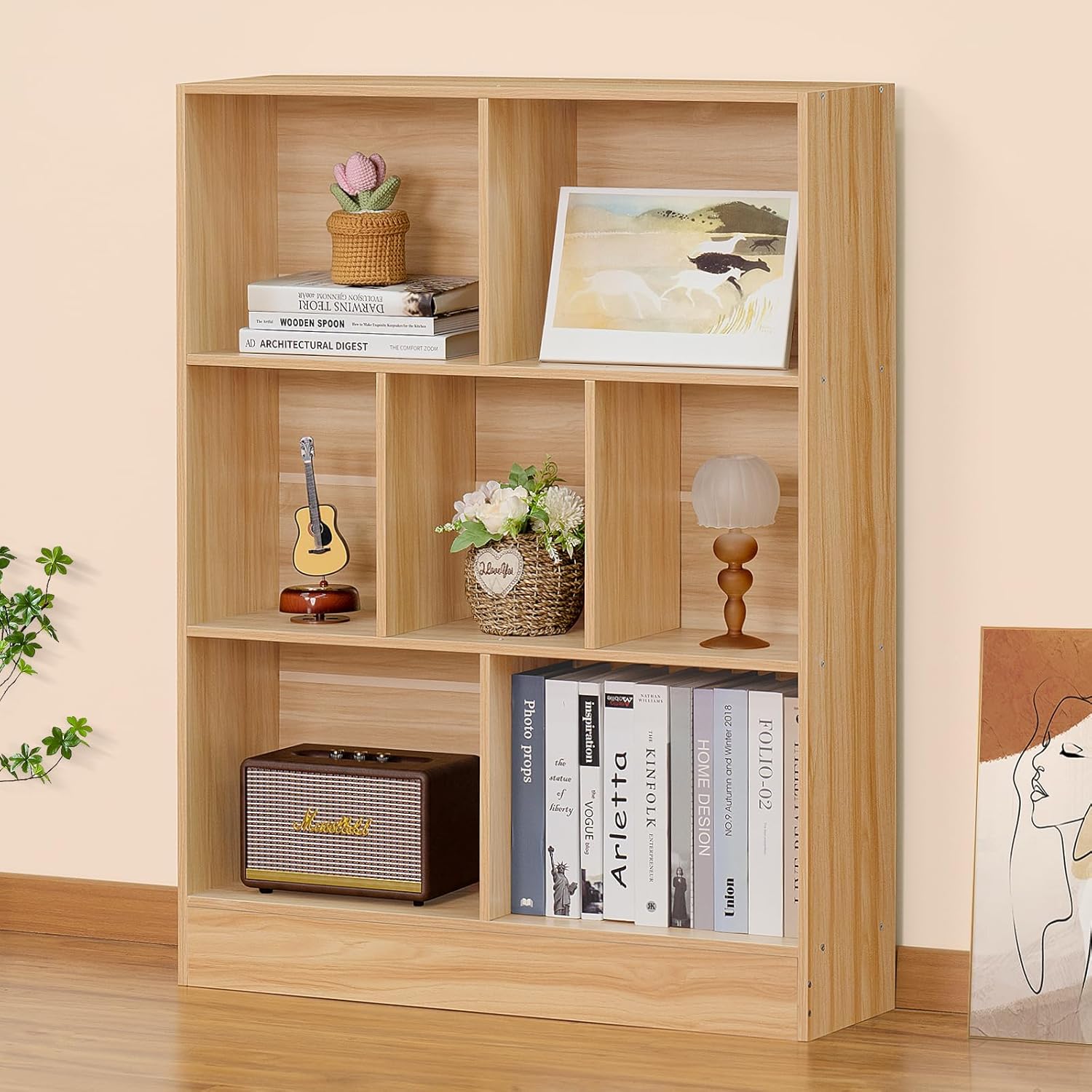 LEYAOYAO Cube Bookshelf 3 Tier Mid-Century Rustic Brown Modern Bookcase with Legs,Retro Wood Bookshelves Storage Organizer Shelf,Freestanding Open Book Shelves for Bedroom,Living Room,Office