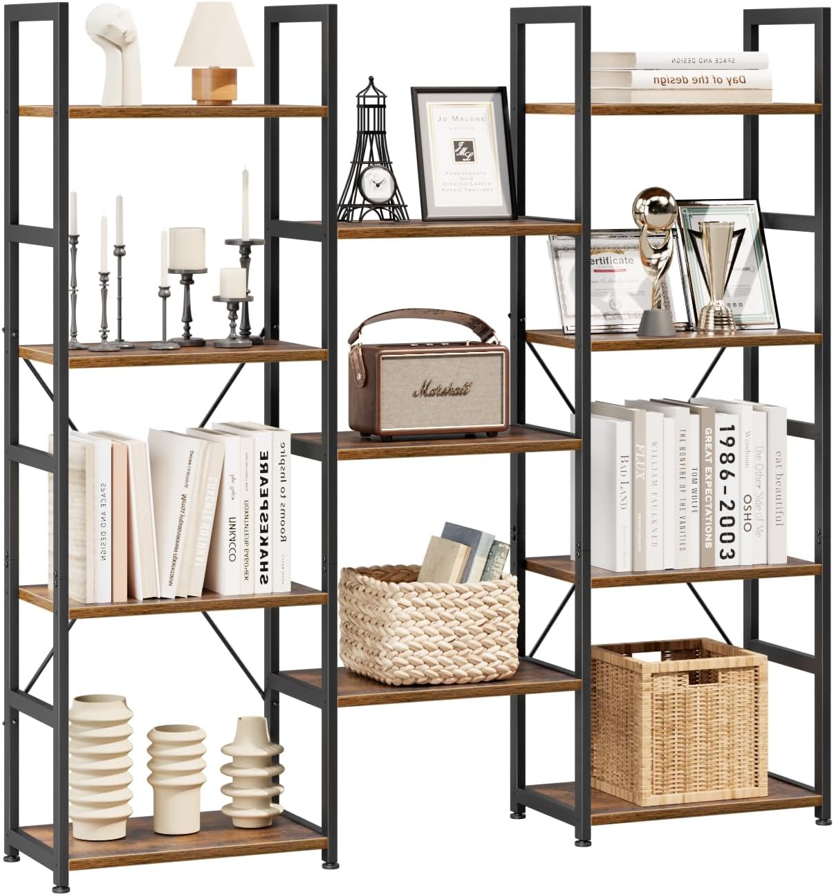 NUMENN Triple Column 5 Tier Bookshelf, Bookcase with 14 Open Display Shelves, Adjustable Rustic Industrial Style Book Shelves, Modern Bookshelves for Bedroom, Living Room and Home Office, Vintage