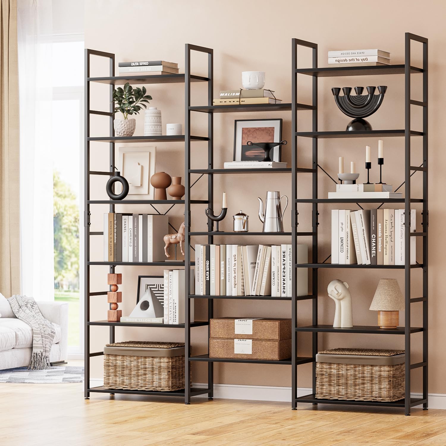 NUMENN Triple Column 5 Tier Bookshelf, Bookcase with 14 Open Display Shelves, Adjustable Rustic Industrial Style Book Shelves, Modern Bookshelves for Bedroom, Living Room and Home Office, Vintage