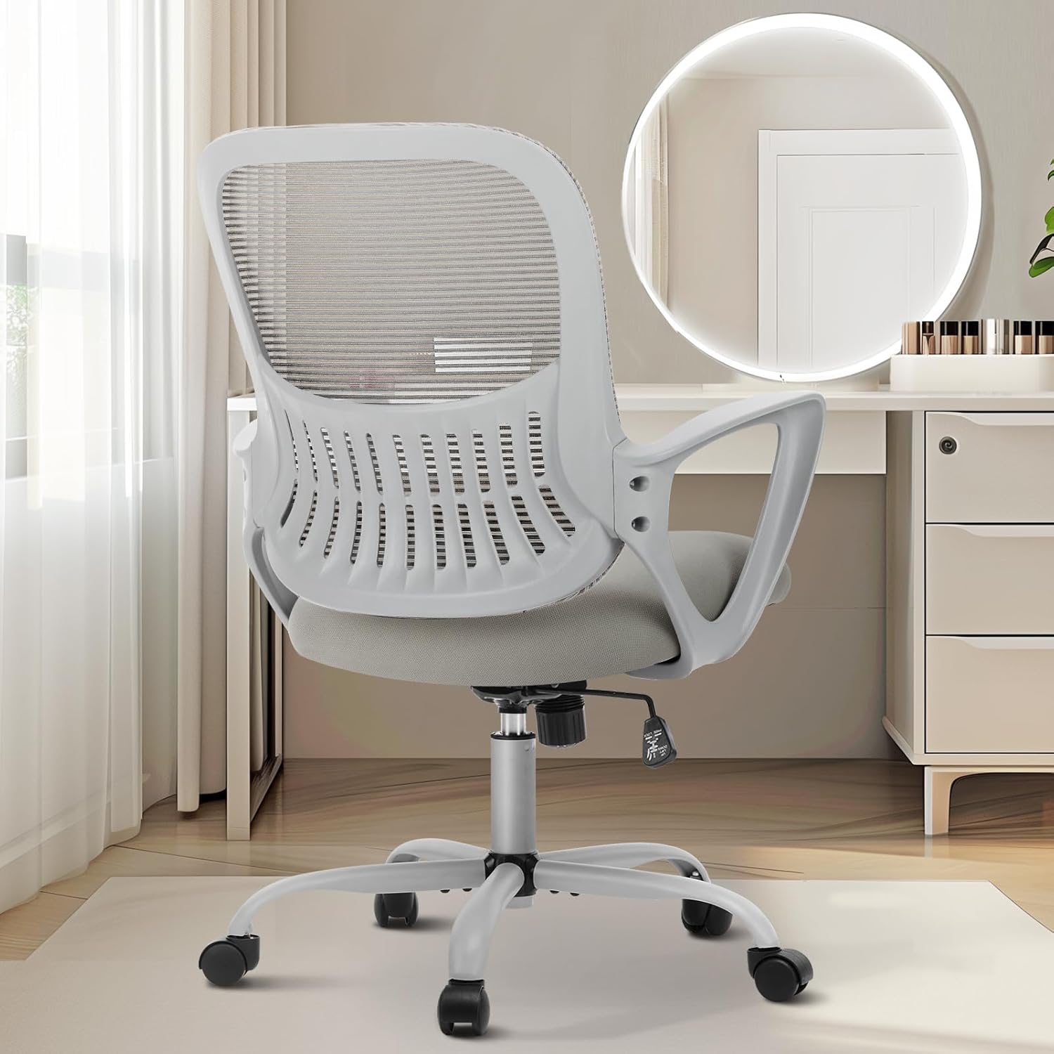 Sweetcrispy Office Computer Desk Managerial Executive Chair, Ergonomic Mid-Back Mesh Rolling Work Swivel Chairs with Wheels, Comfortable Lumbar Support, Comfy Arms for Home,Bedroom,Study,Student,Black
