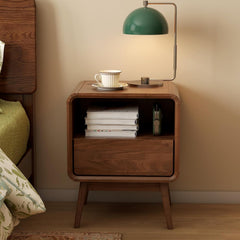 100% Solid Wood Nightstand, Walnut Night Stand with Drawer and Open Shelf, Mid Century Nightstand, Small Nightstands for Small Spaces, Wood Bedside Table for Bedroom, Living Room(20.47" H)