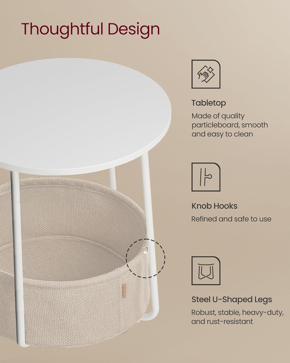 VASAGLE Small Round Side End Table, Modern Nightstand with Fabric Basket, Matte White and Camel Brown ULET223W10