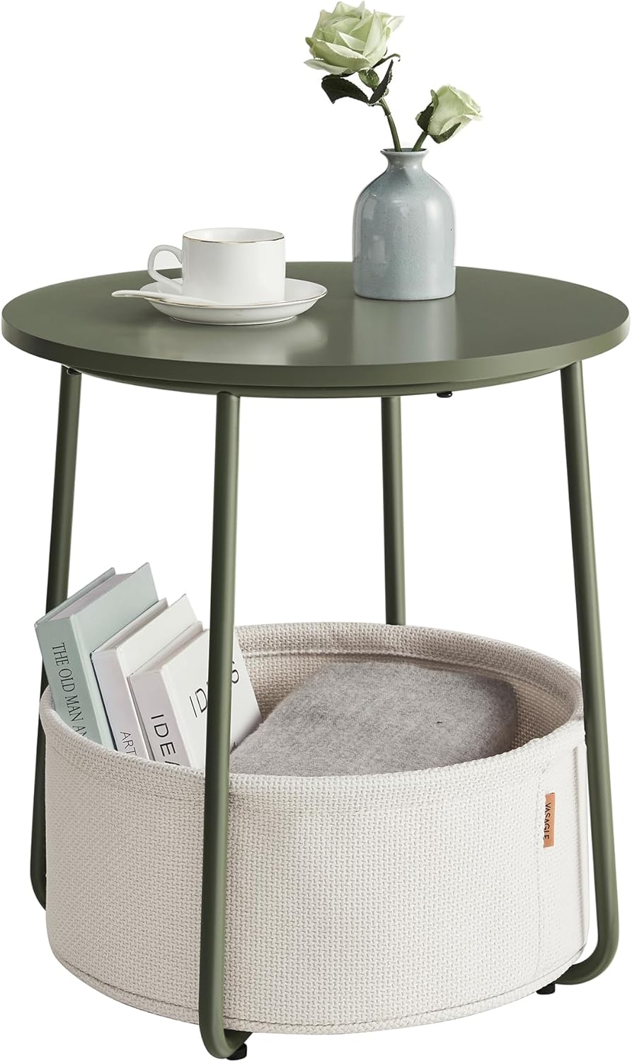 VASAGLE Small Round Side End Table, Modern Nightstand with Fabric Basket, Matte White and Camel Brown ULET223W10