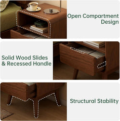 100% Solid Wood Nightstand, Walnut Night Stand with Drawer and Open Shelf, Mid Century Nightstand, Small Nightstands for Small Spaces, Wood Bedside Table for Bedroom, Living Room(20.47" H)