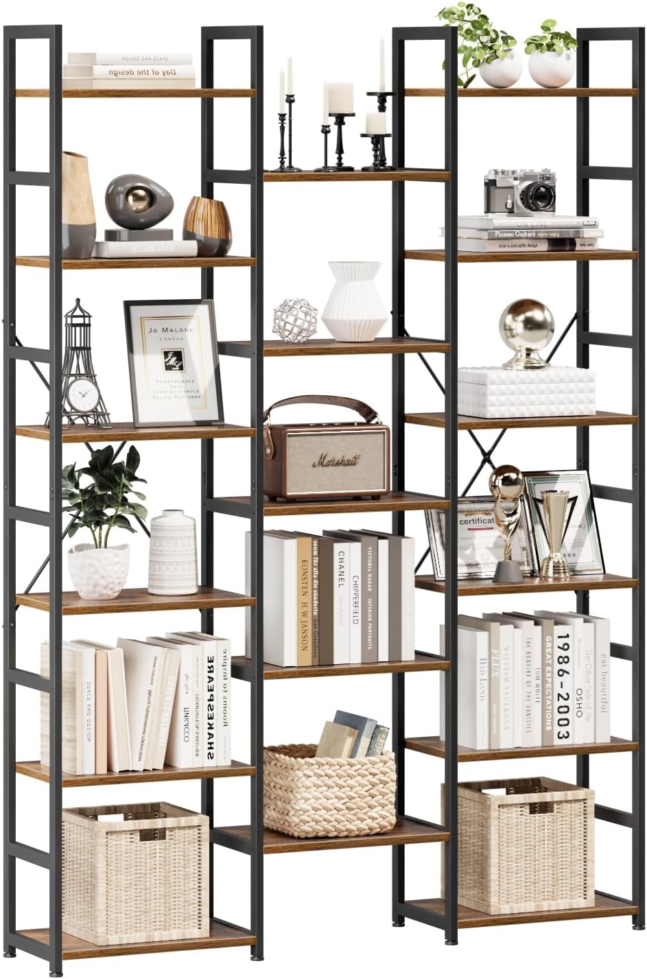 NUMENN Triple Column 5 Tier Bookshelf, Bookcase with 14 Open Display Shelves, Adjustable Rustic Industrial Style Book Shelves, Modern Bookshelves for Bedroom, Living Room and Home Office, Vintage